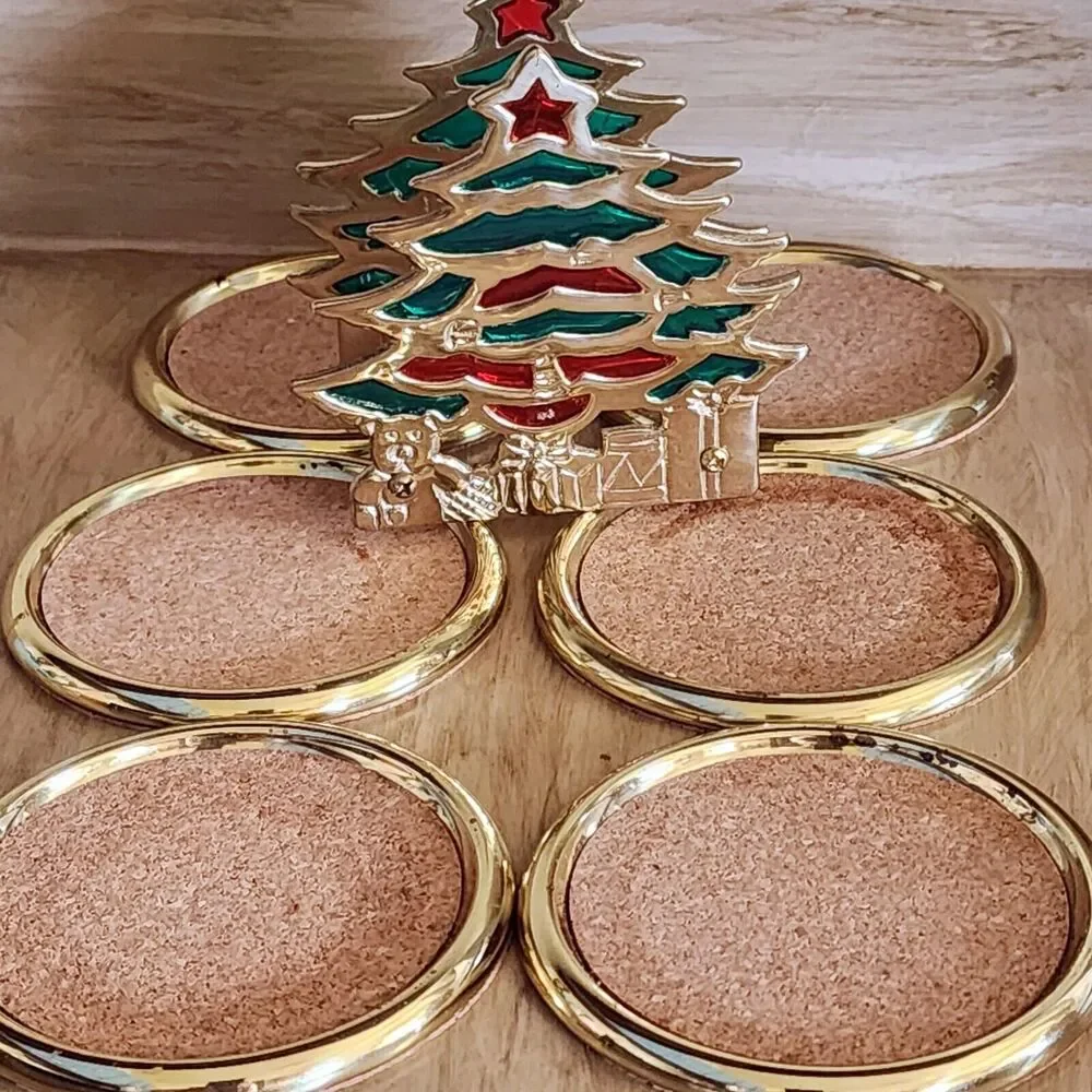 Vintage Christmas Tree Coasters Set of 6 Cork / Metal Trim See Pictures & Desc.